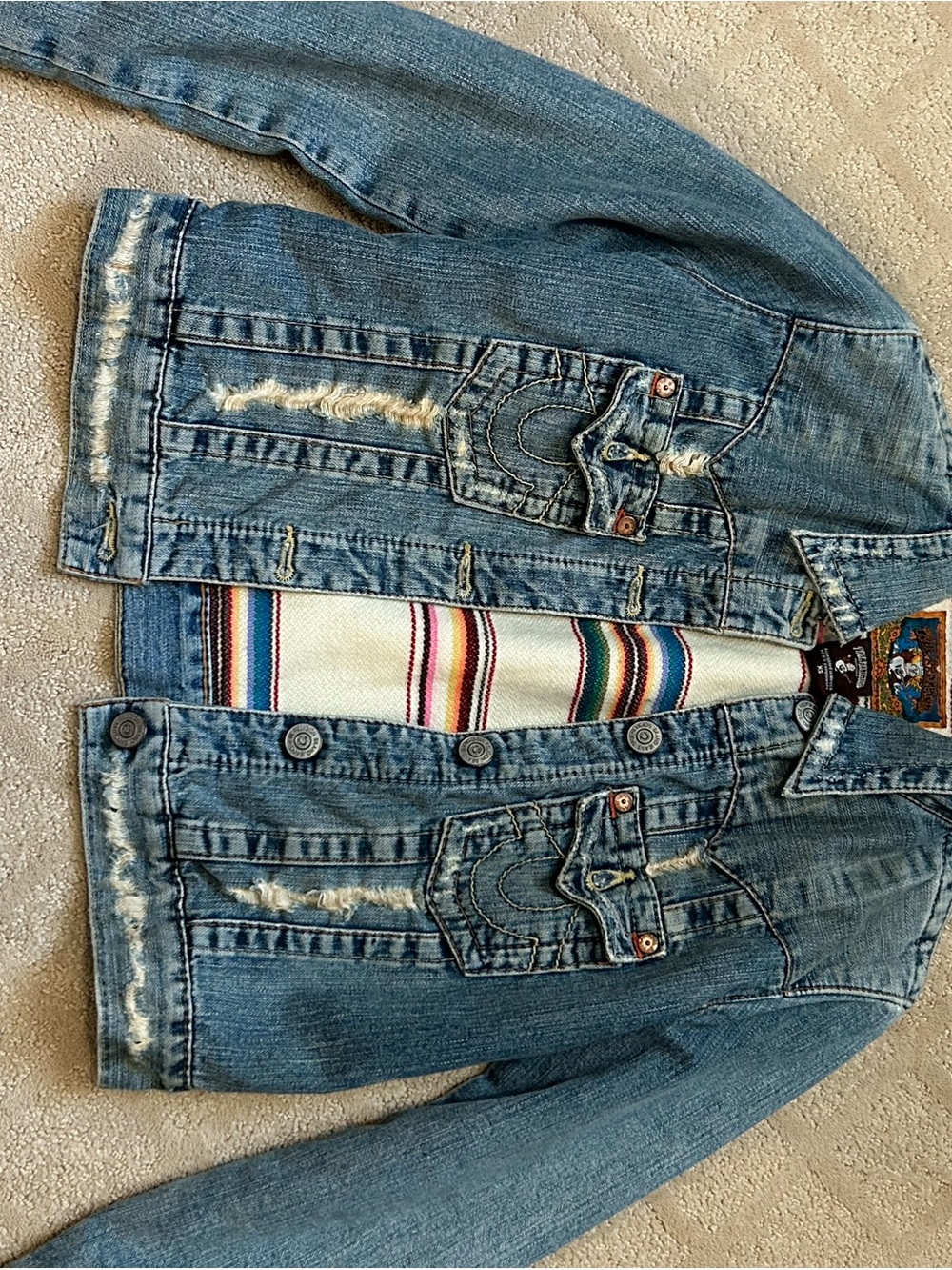 True Religion Distressed Light Blue Denim Jacket with Multi-Color Stripe Lining